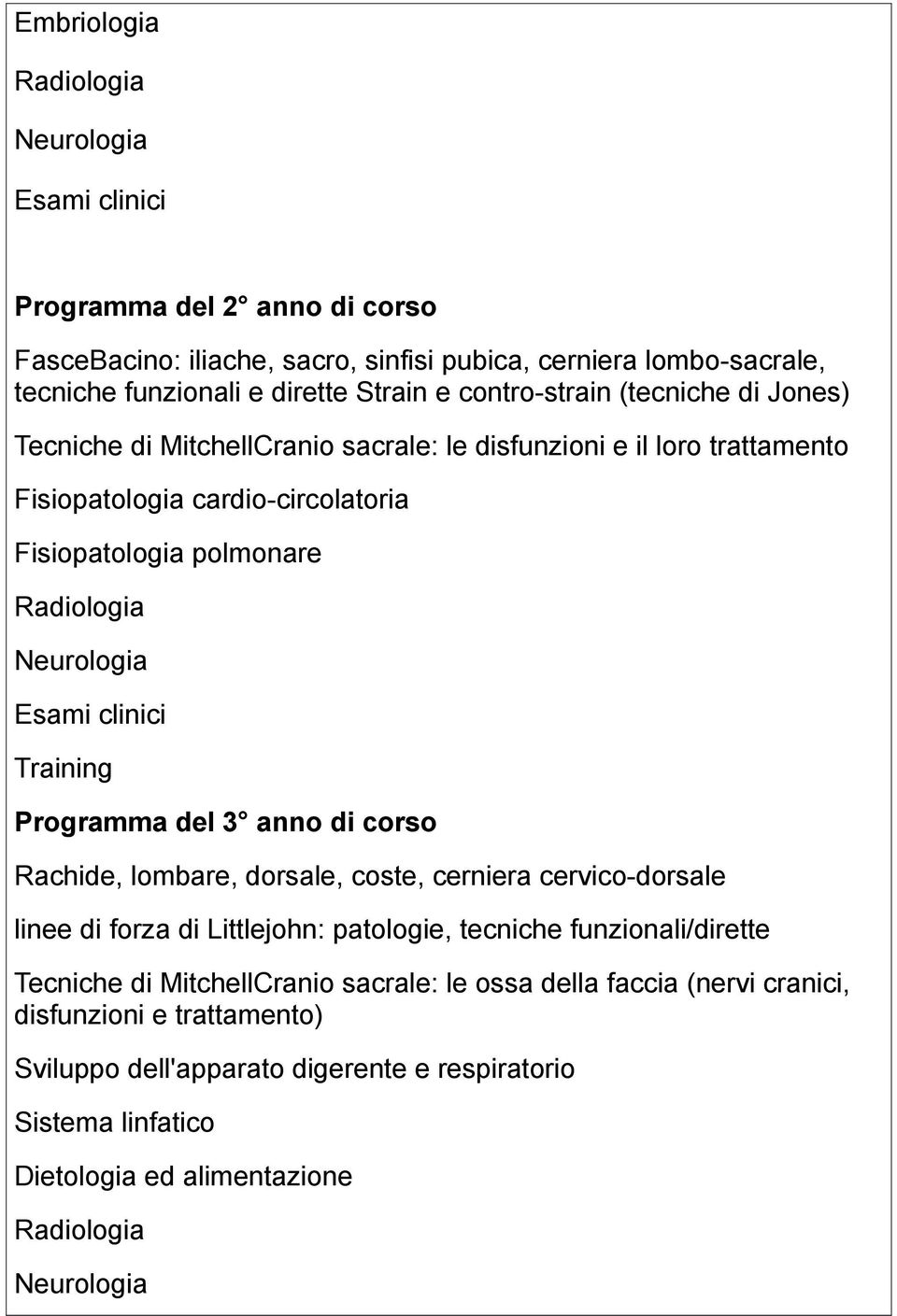 Esami clinici Training Programma del 3 anno di corso Rachide, lombare, dorsale, coste, cerniera cervico-dorsale linee di forza di Littlejohn: patologie, tecniche funzionali/dirette Tecniche di