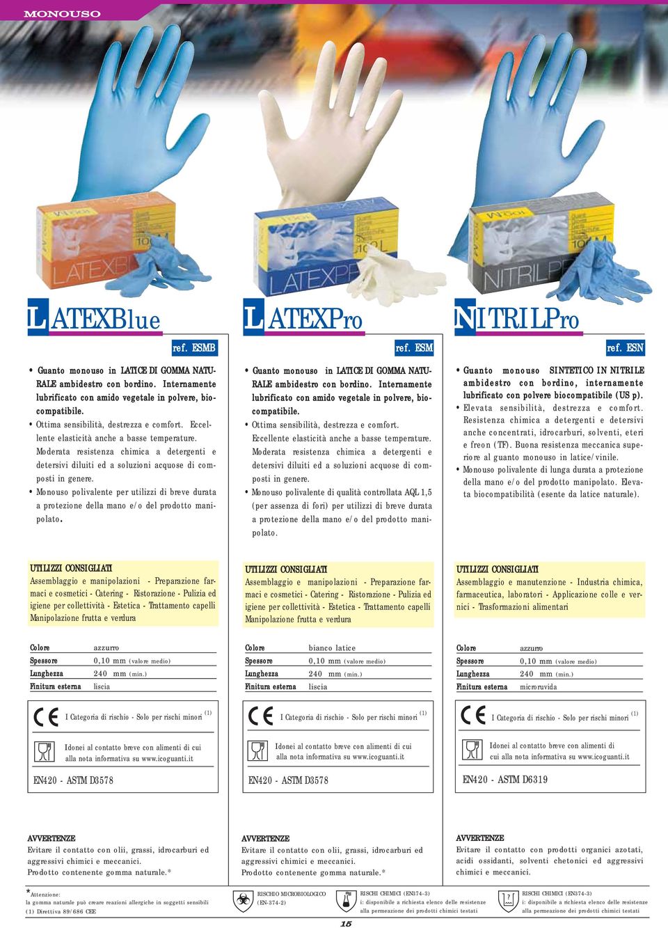 Monouso polivalente per utilizzi di breve durata a protezione della mano e/o del prodotto manipolato. L ATEXPro ref. ESM Guanto monouso in LATICE DI GOMMA NATU- RALE ambidestro con bordino.