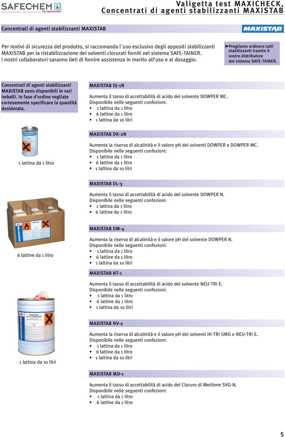 l nostri collaboratori saranno lieti di fornire assistenza in merito all uso e al dosaggio. Pregliamo ordinare tutti stabilizzanti tramite il vostro distributore del sistema SAFE-TAINER.