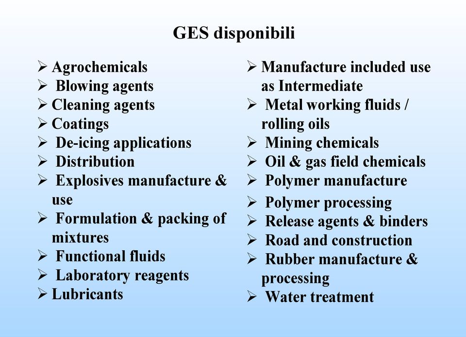 Manufacture included use as Intermediate Ø Metal working fluids / rolling oils Ø Mining chemicals Ø Oil & gas field chemicals Ø