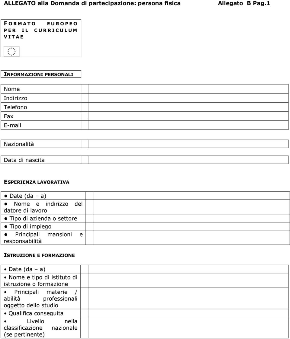 LAVORATIVA Date (da a) Nome e indirizzo del datore di lavoro Tipo di azienda o settore Tipo di impiego Principali mansioni e responsabilità