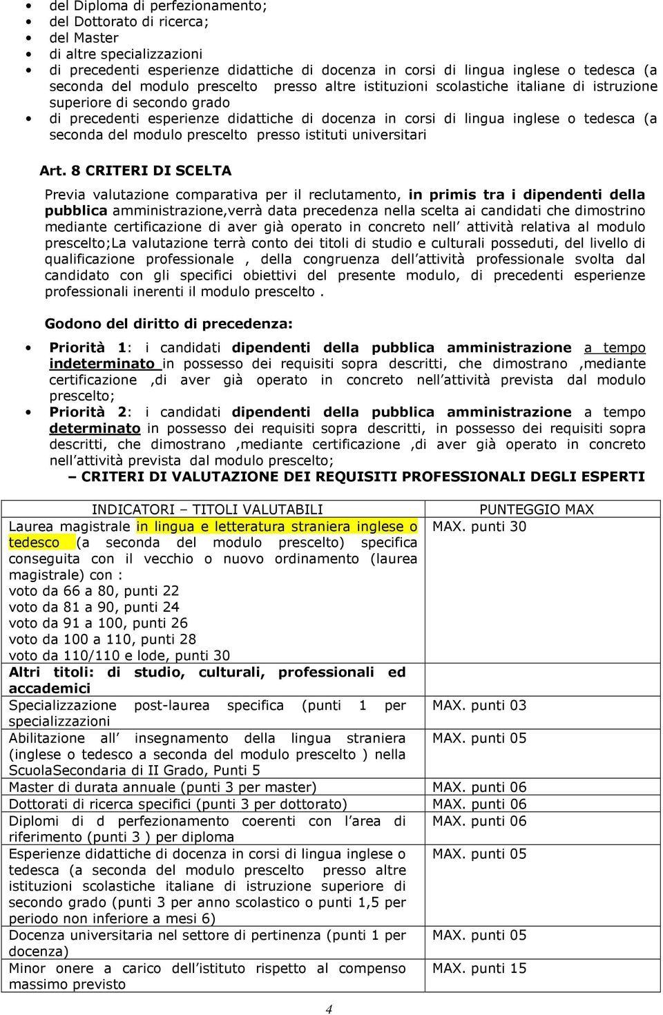 del modulo prescelto presso istituti universitari Art.