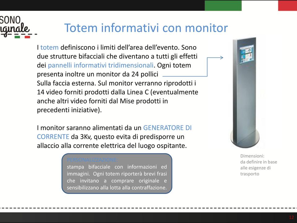 Sul monitor verranno riprodotti i 14 video forniti prodotti dalla Linea C (eventualmente anche altri video forniti dal Mise prodotti in precedenti iniziative).