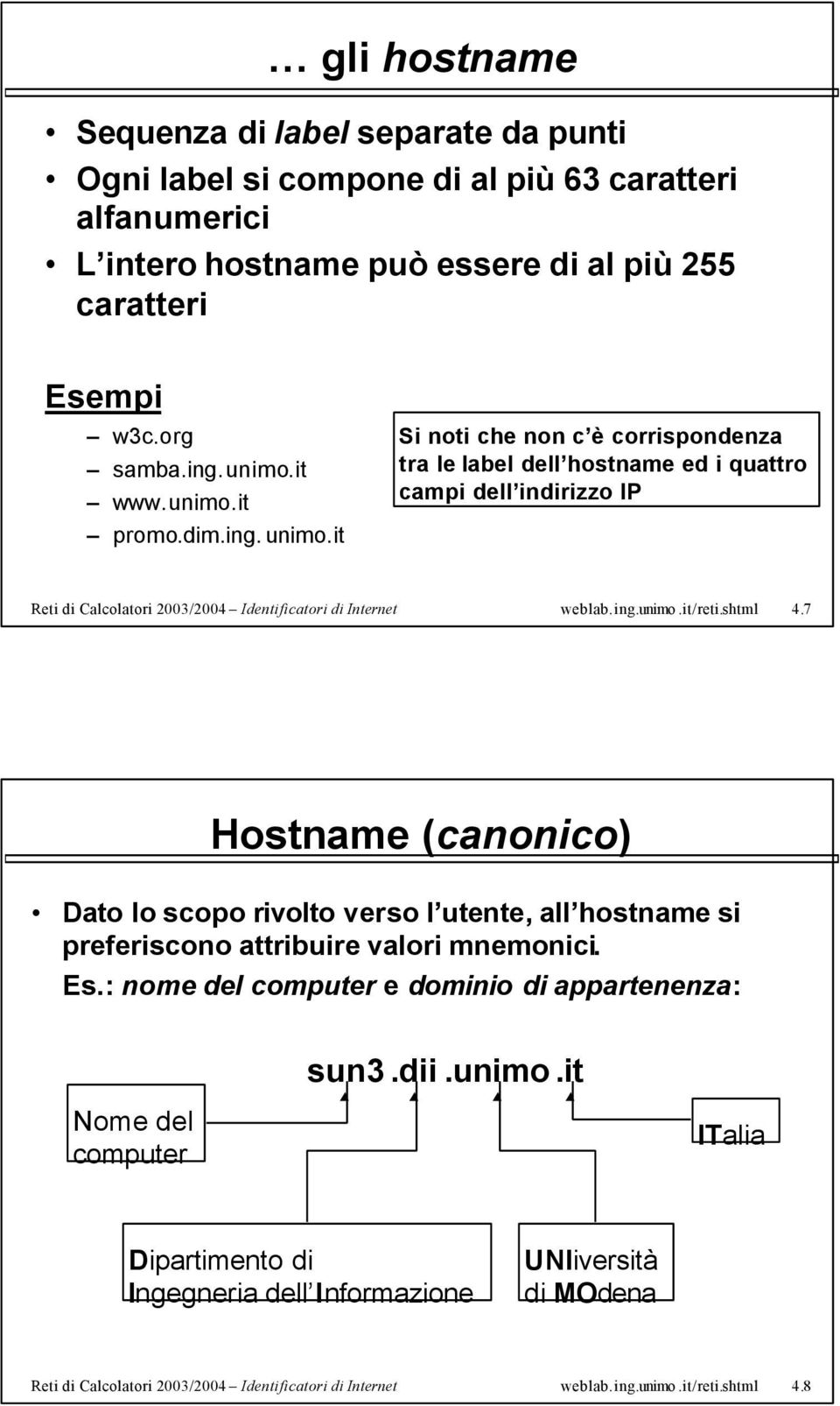 ing.unimo.it/reti.shtml 4.7 Hostname (canonico) Dato lo scopo rivolto verso l utente, all hostname si preferiscono attribuire valori mnemonici. Es.