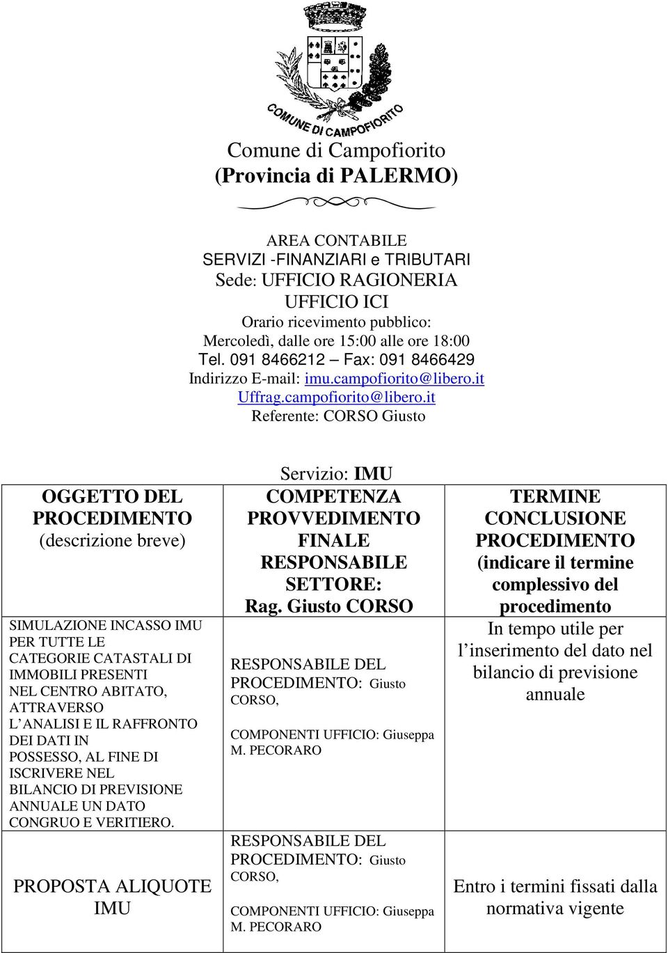 NEL CENTRO ABITATO, ATTRAVERSO L ANALISI E IL RAFFRONTO DEI DATI IN POSSESSO, AL FINE DI ISCRIVERE NEL BILANCIO DI PREVISIONE ANNUALE