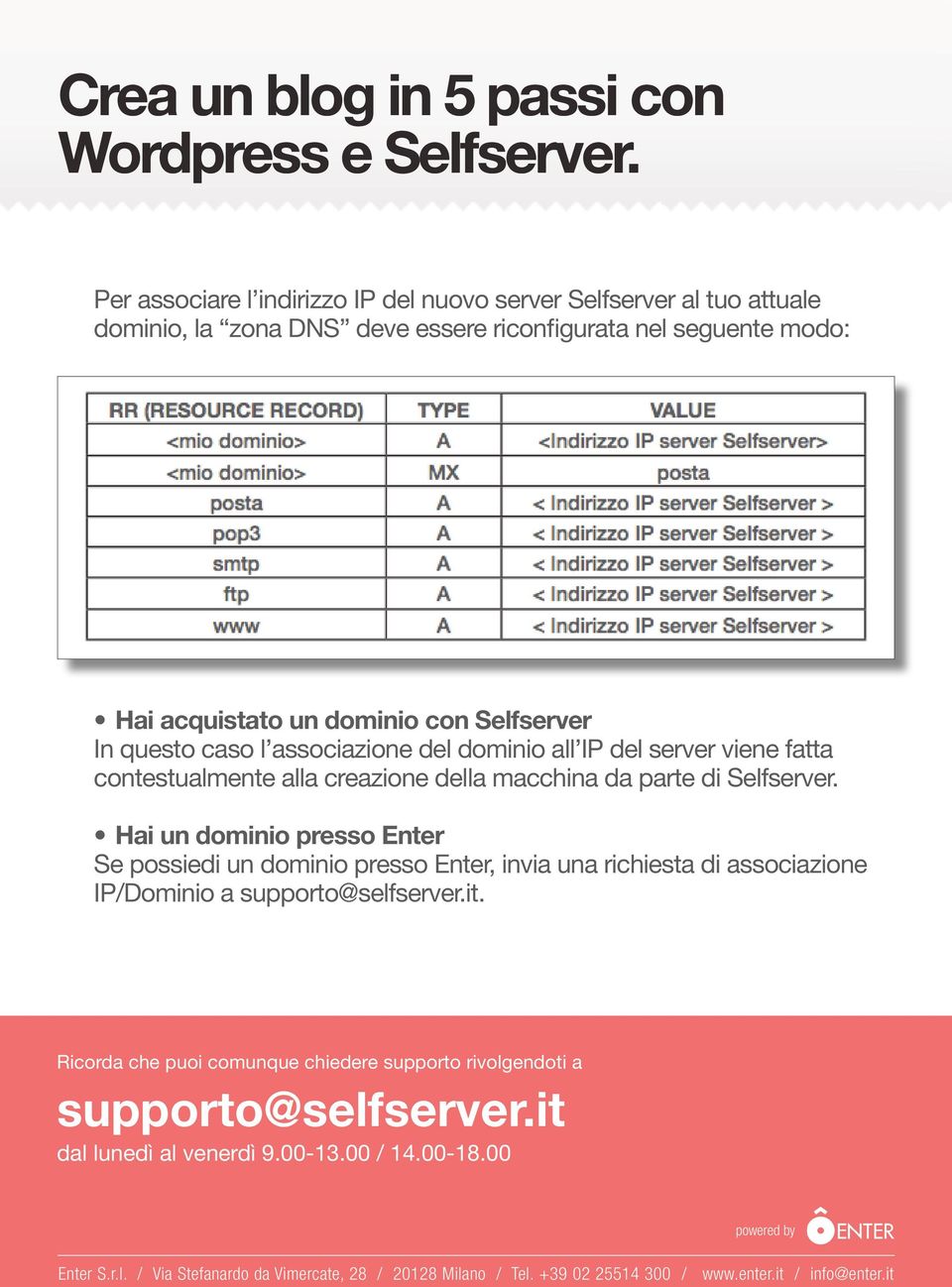 Hai un dominio presso Enter Se possiedi un dominio presso Enter, invia una richiesta di associazione IP/Dominio a supporto@selfserver.it.