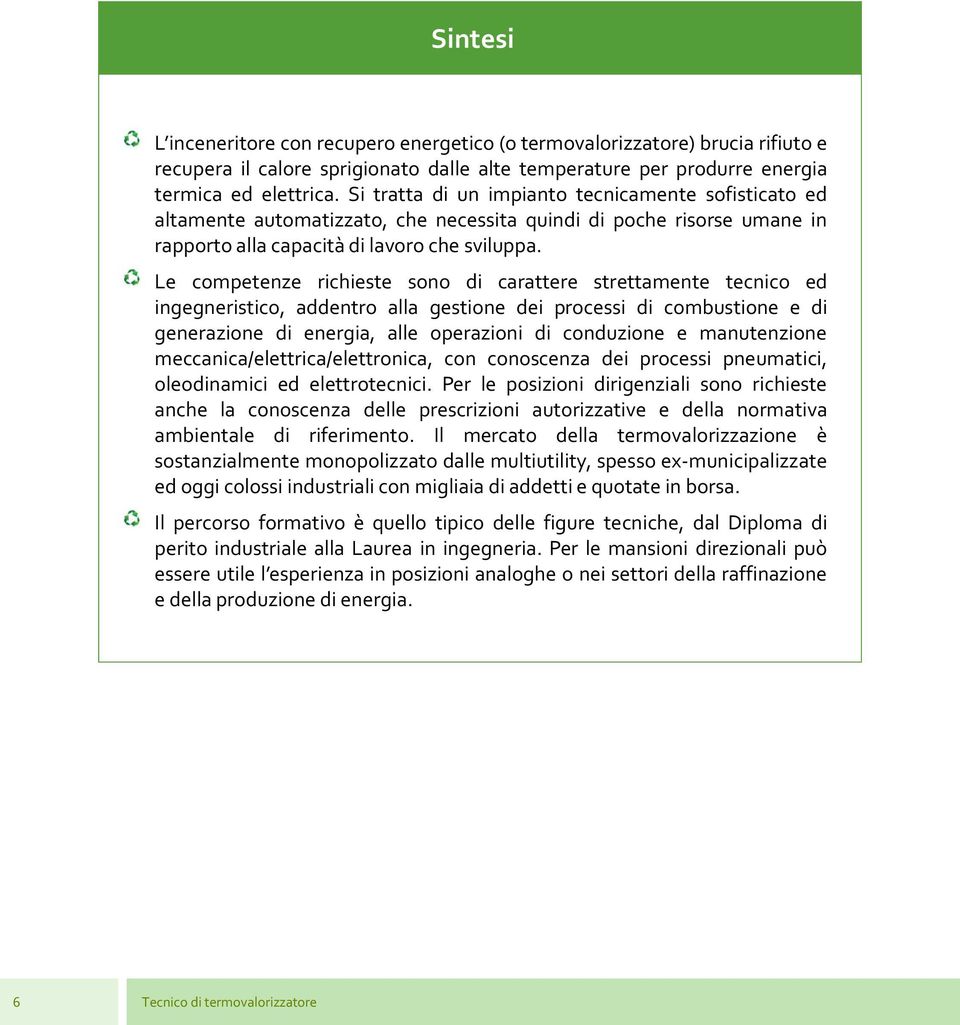 Le competenze richieste sono di carattere strettamente tecnico ed ingegneristico, addentro alla gestione dei processi di combustione e di generazione di energia, alle operazioni di conduzione e