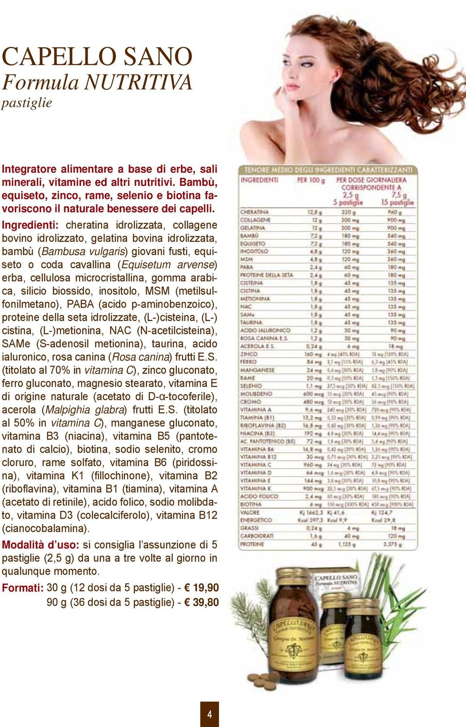 Ingredienti: cheratina idrolizzata, collagene bovino idrolizzato, gelatina bovina idrolizzata, bambù (Bambusa vulgaris) giovani fusti, equiseto o coda cavallina (Equisetum arvense) erba, cellulosa