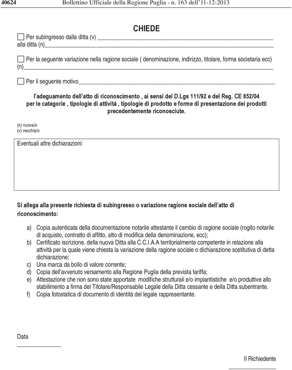 CE 852/04 per le categorie, tipologie di attività, tipologie di prodotto e forme di presentazione dei prodotti precedentemente riconosciute.