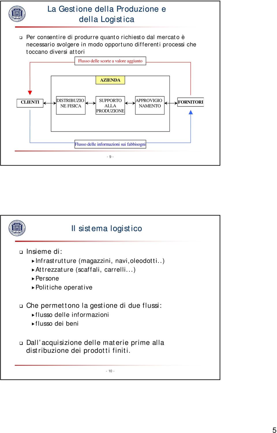 informazioni sui fabbisogni - 9 - Il sistema logistico Insieme di: Infrastrutture (magazzini, navi,oleodotti..) Attrezzature (scaffali, carrelli.