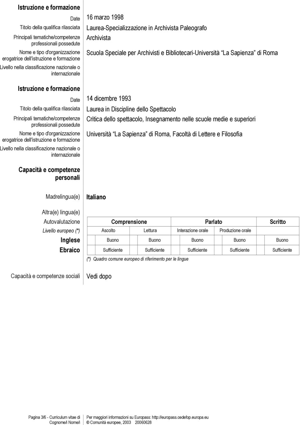 Roma, Facoltà di Lettere e Filosofia Madrelingua(e) Italiano Altra(e) lingua(e) Autovalutazione Comprensione Parlato Scritto Livello europeo (*) Ascolto Lettura Interazione orale Produzione orale