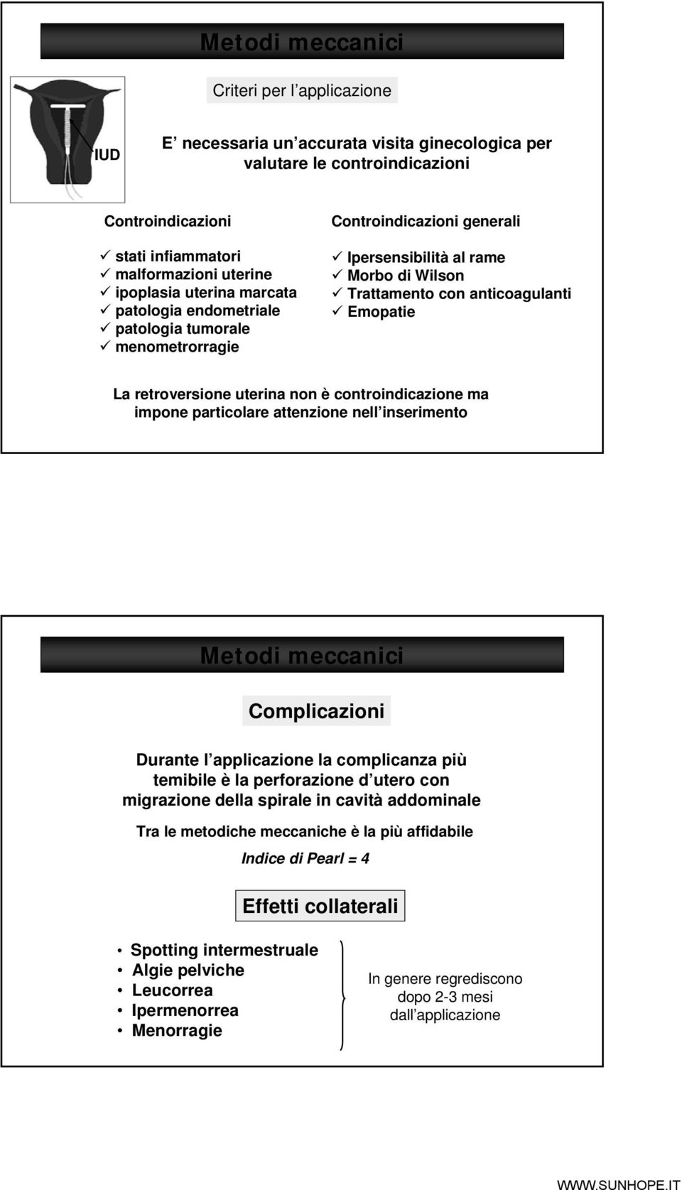 uterina non è controindicazione ma impone particolare attenzione nell inserimento Metodi meccanici Complicazioni Durante l applicazione la complicanza più temibile è la perforazione d utero con