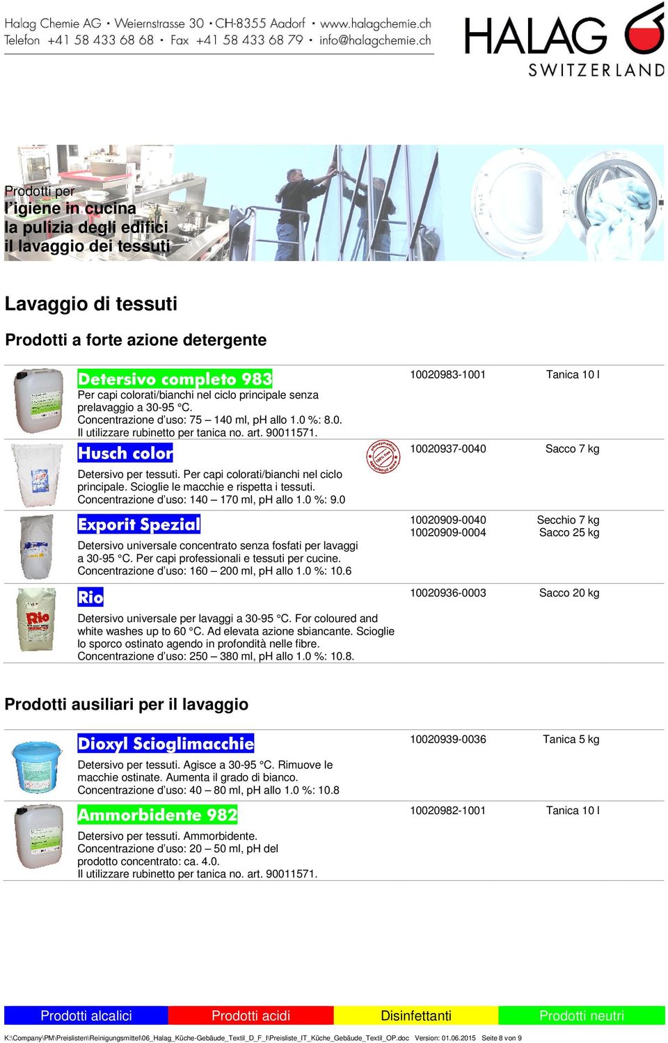 Concentrazione d uso: 140 170 ml, ph allo 1.0 %: 9.0 10020983-1001 Tanica 10 l 10020937-0040 Sacco 7 kg Exporit Spezial Detersivo universale concentrato senza fosfati per lavaggi a 30-95 C.