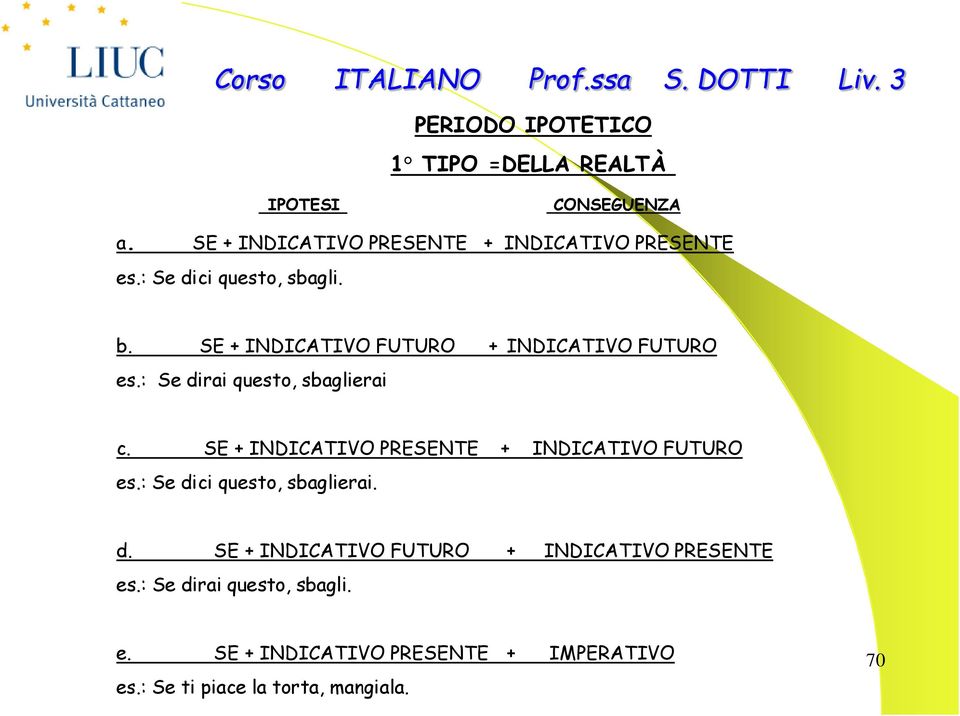 SE + INDICATIVO PRESENTE + INDICATIVO FUTURO es.: Se dici questo, sbaglierai. d. SE + INDICATIVO FUTURO + INDICATIVO PRESENTE es.