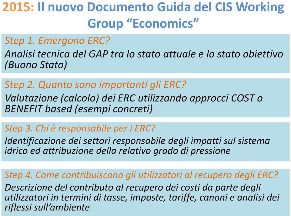 Valutazione (calcolo) dei ERC utilizzando approcci COST o BENEFIT based (esempi concreti) Step 3. Chi è responsabile per i ERC?