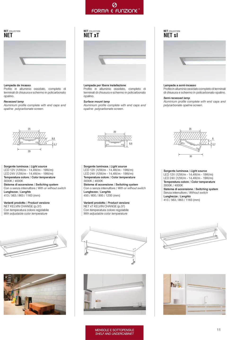 Lampada per libera installazione Profilo in alluminio ossidato, completo di terminali di chiusura e schermo in policarbonato opalino.