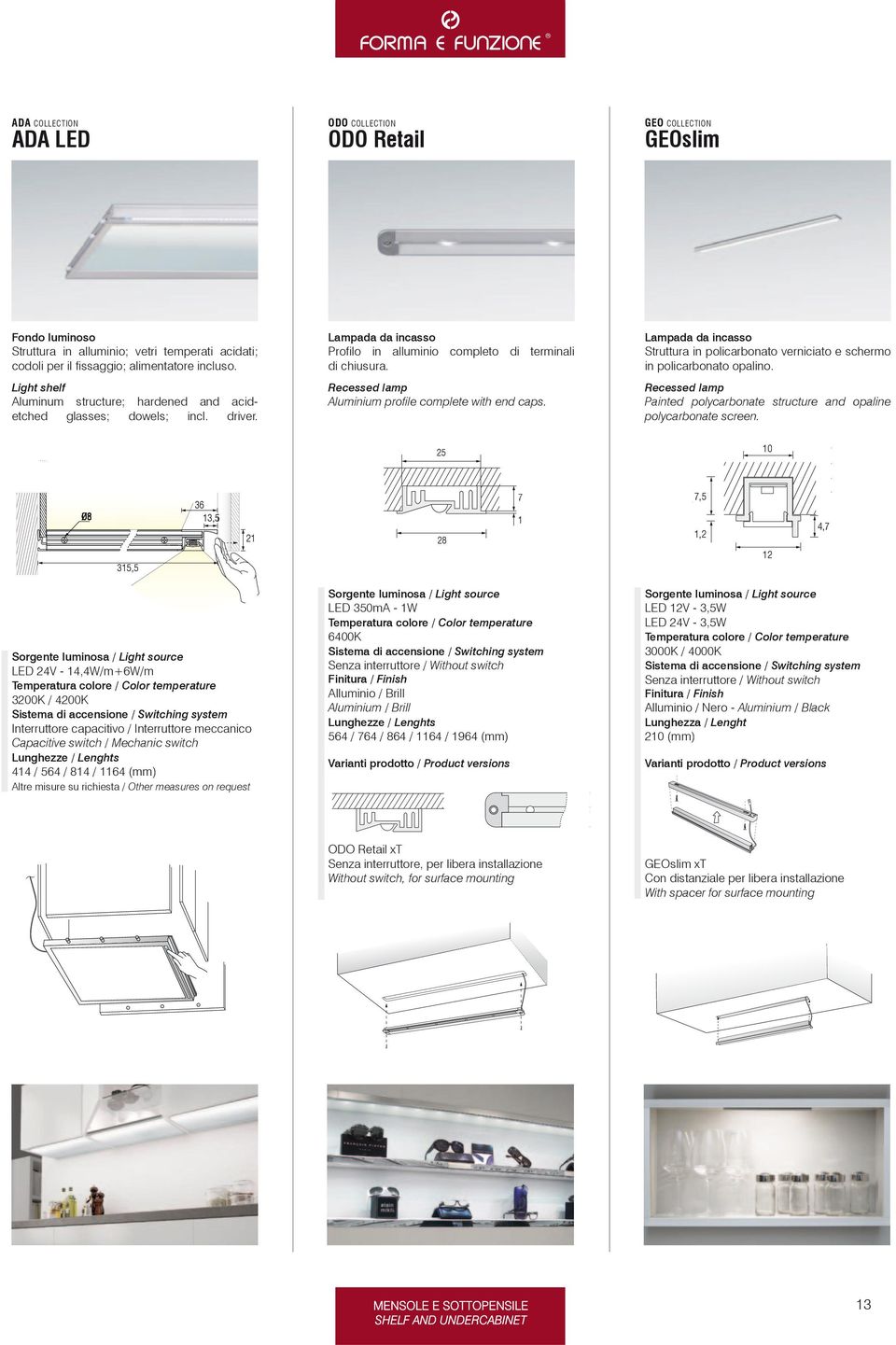 Recessed lamp Aluminium profile complete with end caps. Lampada da incasso Struttura in policarbonato verniciato e schermo in policarbonato opalino.