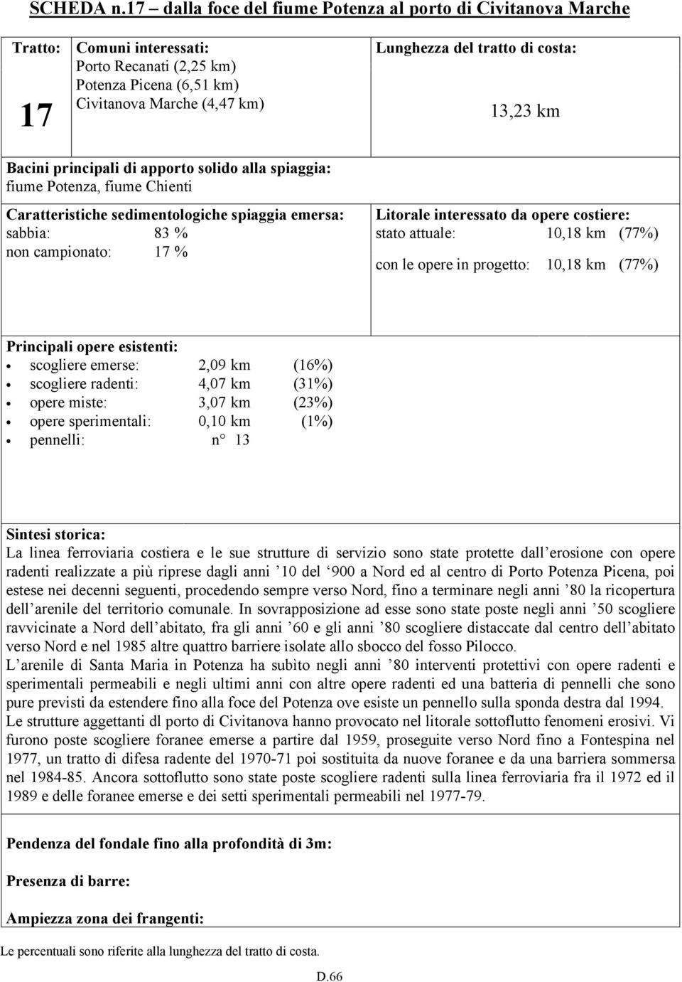 3, 2 3 k m Bacini principali di apporto solido alla spiaggia: fiume Potenza, fiume Chienti Caratteristiche sedimentologiche spiaggia emersa: sabbia: 83 non campionato: 17 Litorale interessato da