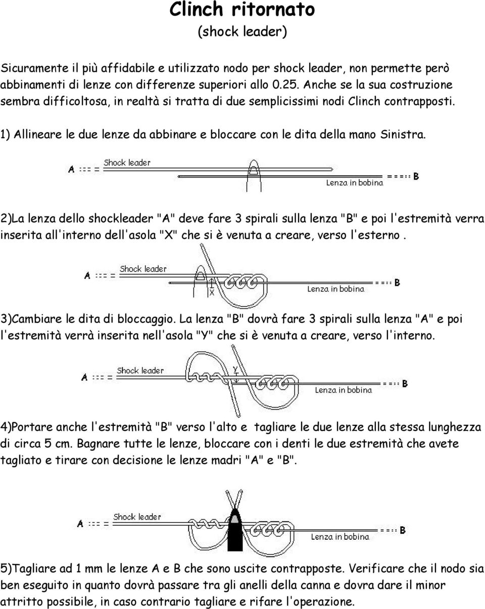 2)La lenza dello shockleader "A" deve fare 3 spirali sulla lenza "B" e poi l'estremità verra inserita all'interno dell'asola "X" che si è venuta a creare, verso l'esterno.