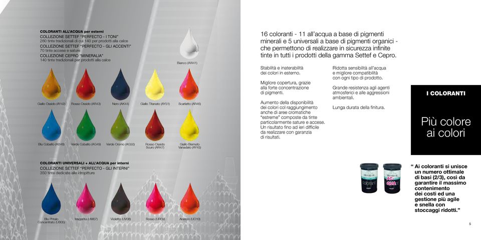 all acqua a base di pigmenti minerali e 5 universali a base di pigmenti organici - che permettono di realizzare in sicurezza infinite tinte in tutti i prodotti della gamma Settef e Cepro.