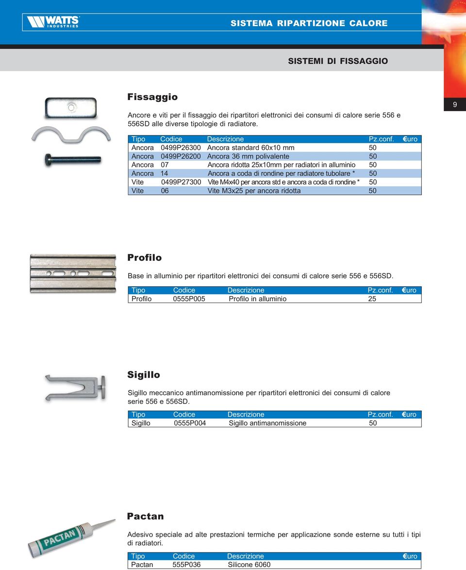 per radiatore tubolare * 50 Vite 0499P27300 Vite M4x40 per ancora std e ancora a coda di rondine * 50 Vite 06 Vite M3x25 per ancora ridotta 50 Profilo Base in alluminio per ripartitori elettronici