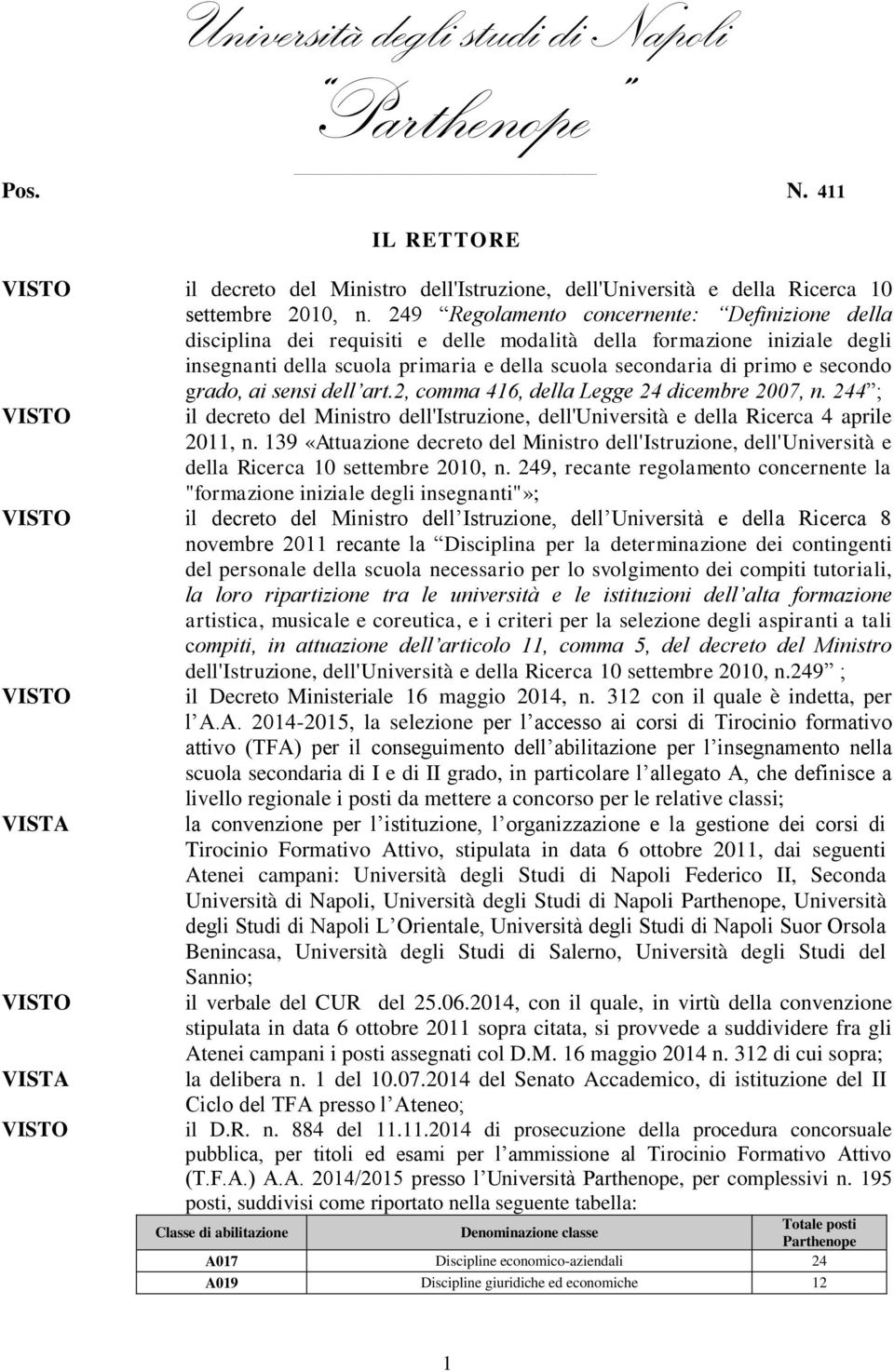 grado, ai sensi dell art.2, comma 416, della Legge 24 dicembre 2007, n. 244 ; il decreto del Ministro dell'istruzione, dell'università e della Ricerca 4 aprile 2011, n.