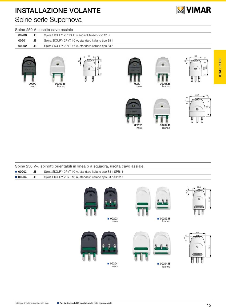 B 00201 00201.B 21 40,5 44 3 47 00202 00202.B Spine 250 V~, spinotti orientabili in linea o a squadra, uscita cavo assiale 00203.