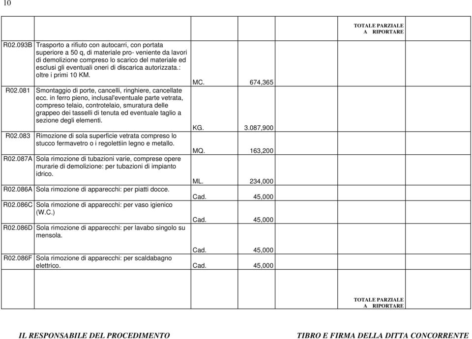 autorizzata.: oltre i primi 10 KM. R02.081 Smontaggio di porte, cancelli, ringhiere, cancellate ecc.