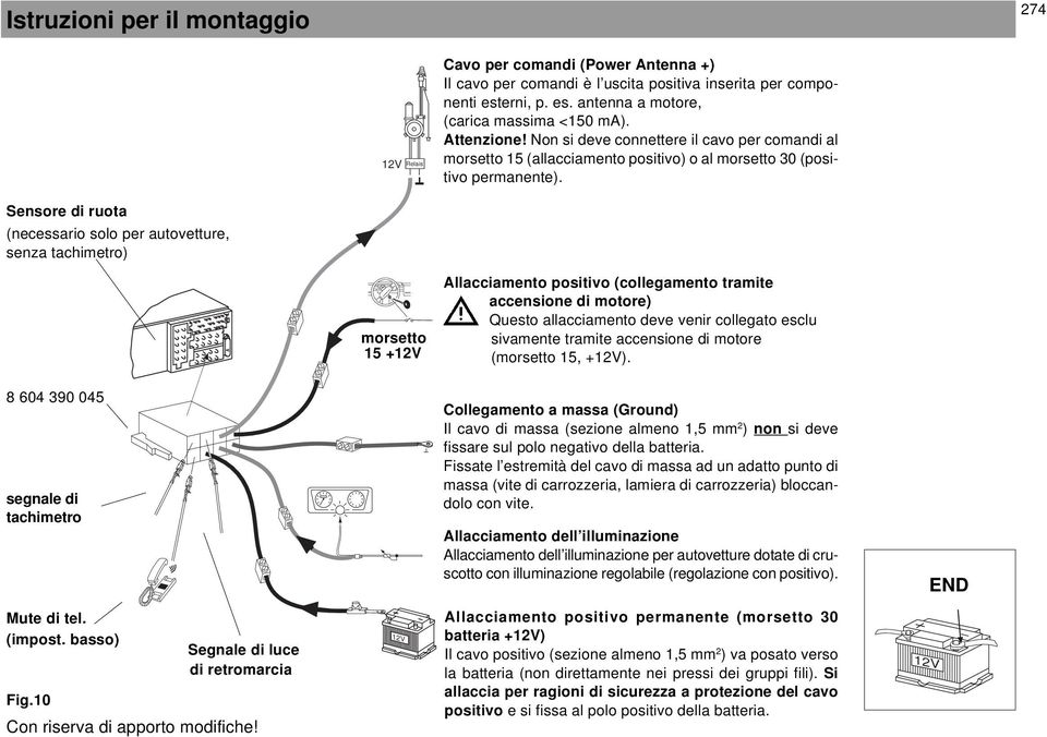 Sensore di ruota (necessario solo per autovetture, senza tachimetro) morsetto 15 +12V llacciamento positivo (collegamento tramite accensione di motore) Questo allacciamento deve venir collegato esclu