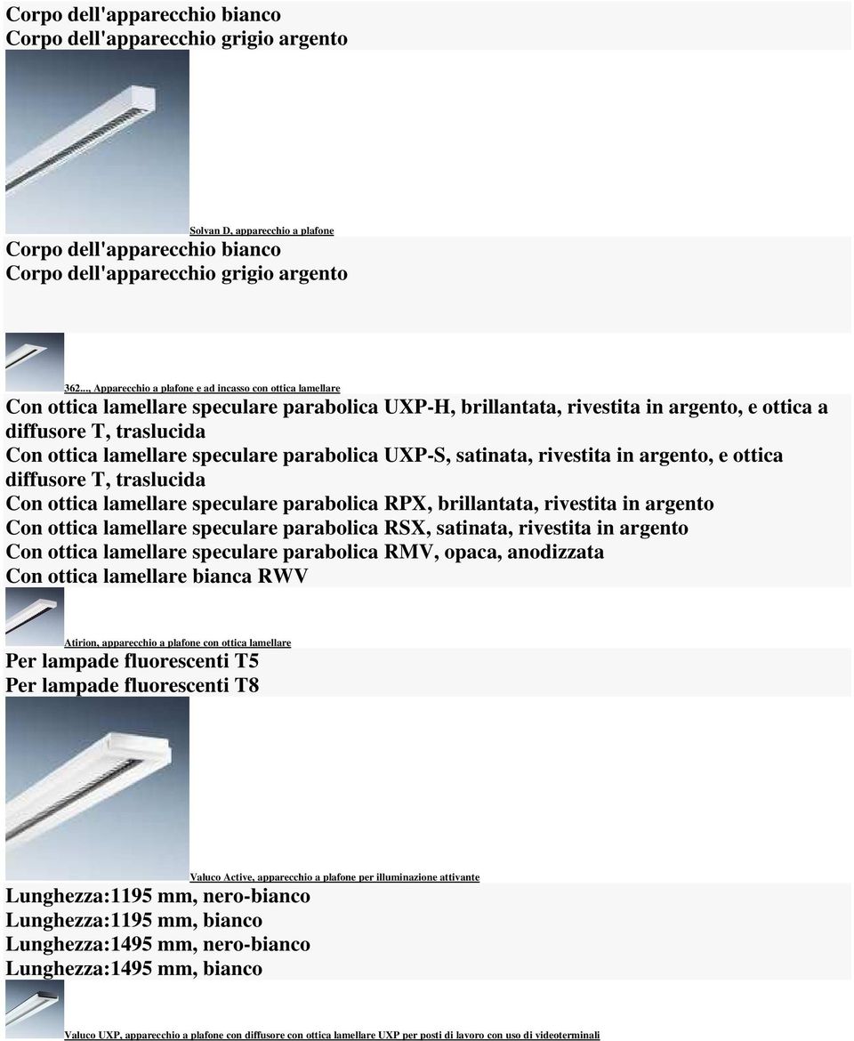 speculare parabolica UXP-S, satinata, rivestita in argento, e ottica diffusore T, traslucida Con ottica lamellare speculare parabolica RPX, brillantata, rivestita in argento Con ottica lamellare