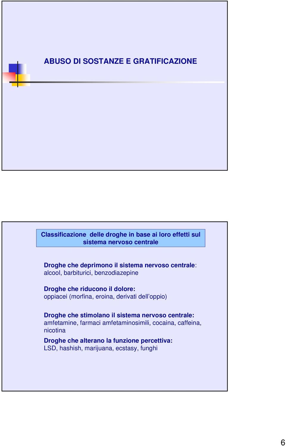 oppiacei (morfina, eroina, derivati dell oppio) Droghe che stimolano il sistema nervoso centrale: amfetamine, farmaci