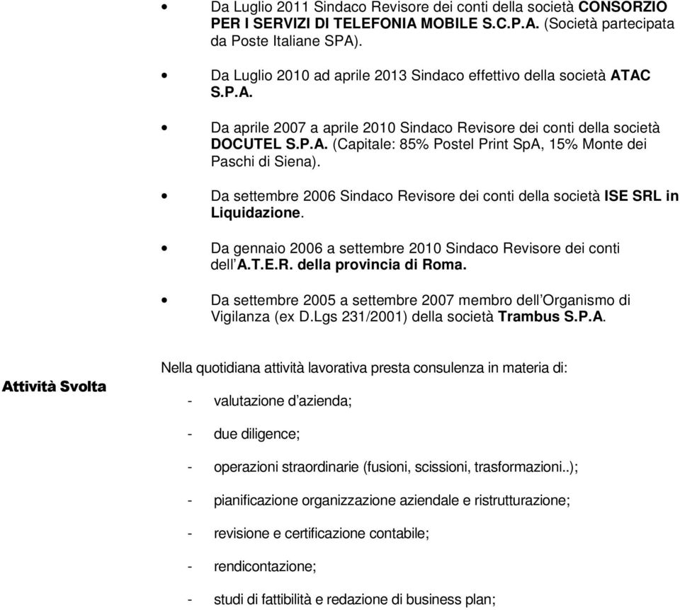 Da settembre 2006 Sindaco Revisore dei conti della società ISE SRL in Liquidazione. Da gennaio 2006 a settembre 2010 Sindaco Revisore dei conti dell A.T.E.R. della provincia di Roma.