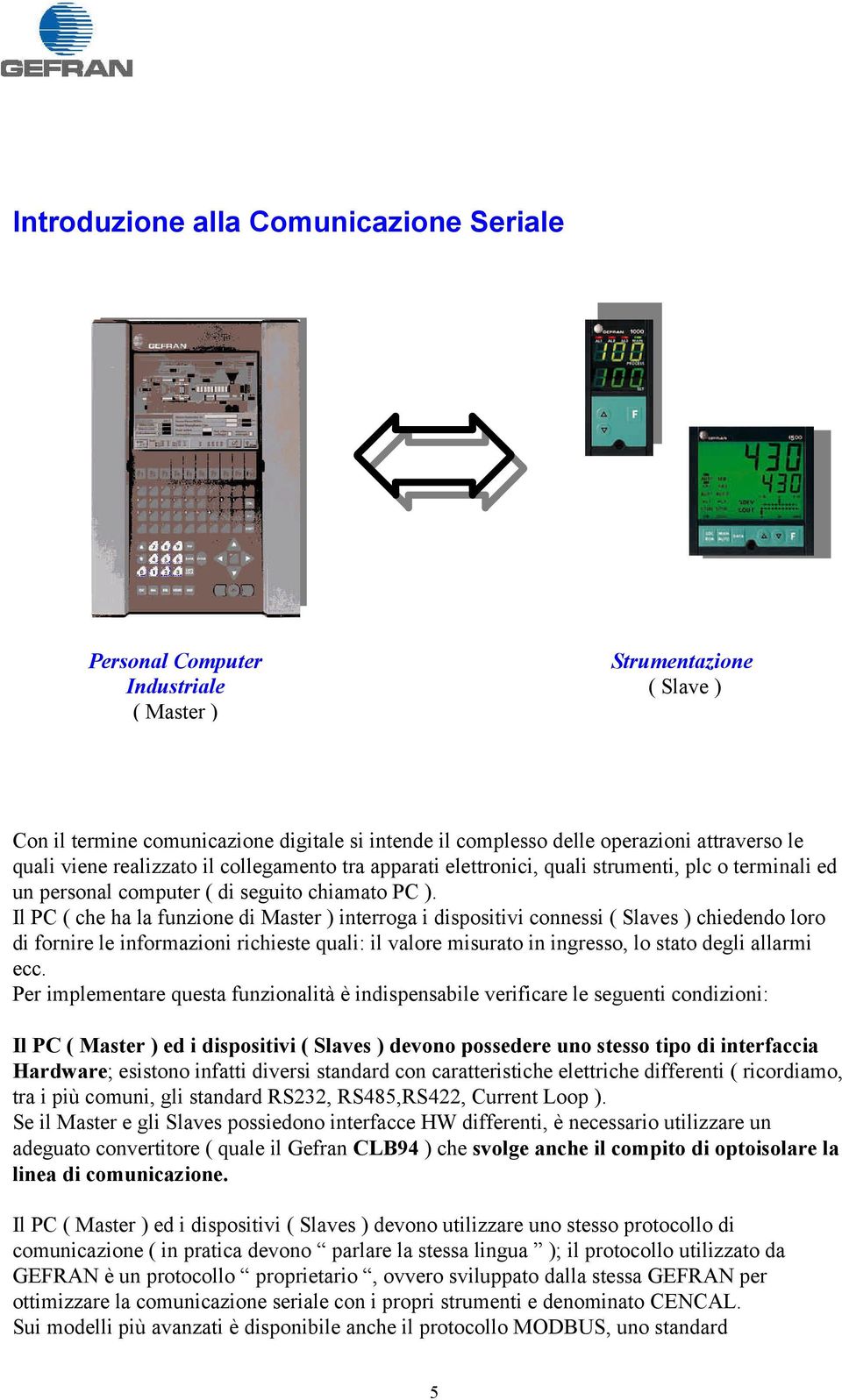 Il PC ( che ha la funzione di Master ) interroga i dispositivi connessi ( Slaves ) chiedendo loro di fornire le informazioni richieste quali: il valore misurato in ingresso, lo stato degli allarmi