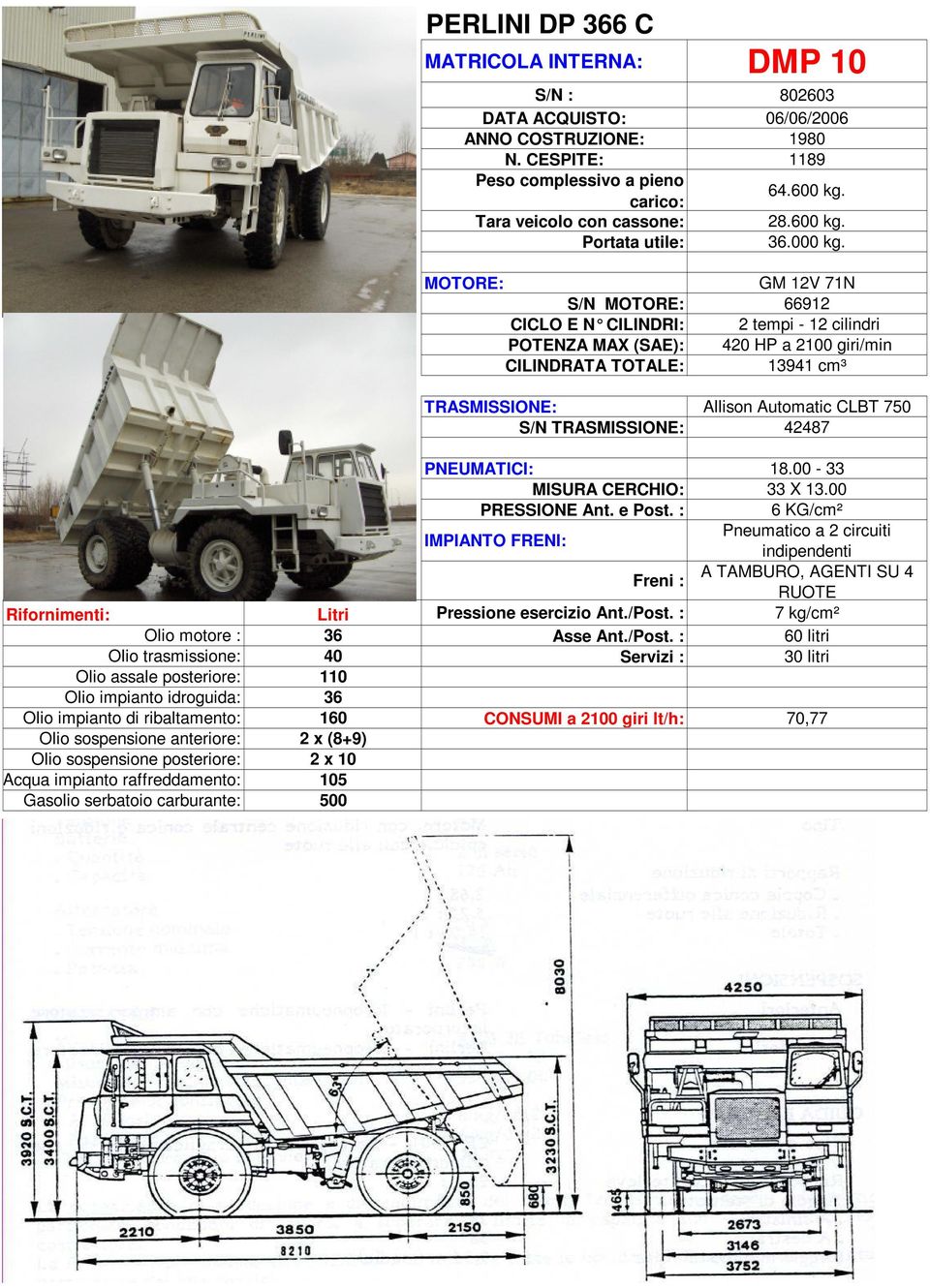 MOTORE: GM 12V 71N S/N MOTORE: 66912 CICLO E N CILINDRI: 2 tempi - 12 cilindri POTENZA MAX (SAE): 420 HP a 2100 giri/min CILINDRATA TOTALE: 13941 cm³ TRASMISSIONE: Allison Automatic CLBT 750 S/N