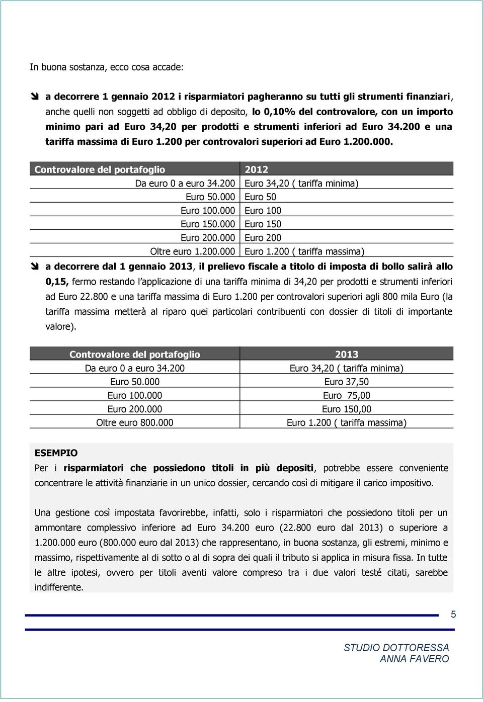 Controvalore del portafoglio 2012 Da euro 0 a euro 34.200 Euro 34,20 ( tariffa minima) Euro 50.000 Euro 50 Euro 100.000 Euro 10