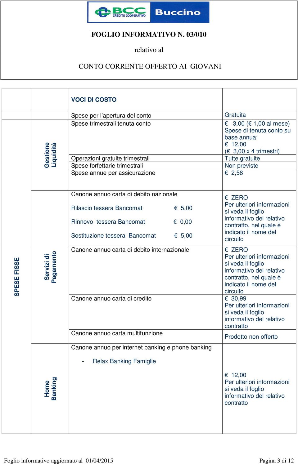 tessera Bancomat 5,00 Rinnovo tessera Bancomat 0,00 Sostituzione tessera Bancomat 5,00 ZERO Per ulteriori informazioni si veda il foglio informativo del relativo contratto, nel quale è indicato il