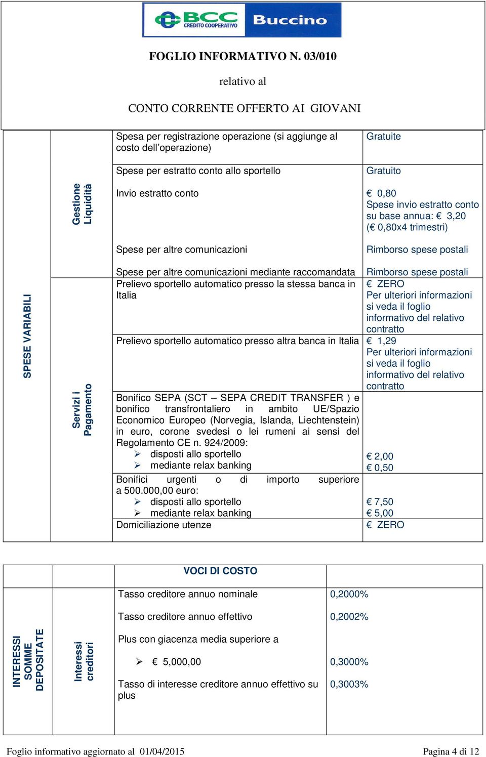 sportello automatico presso la stessa banca in Italia Rimborso spese postali ZERO Per ulteriori informazioni si veda il foglio informativo del relativo contratto Prelievo sportello automatico presso