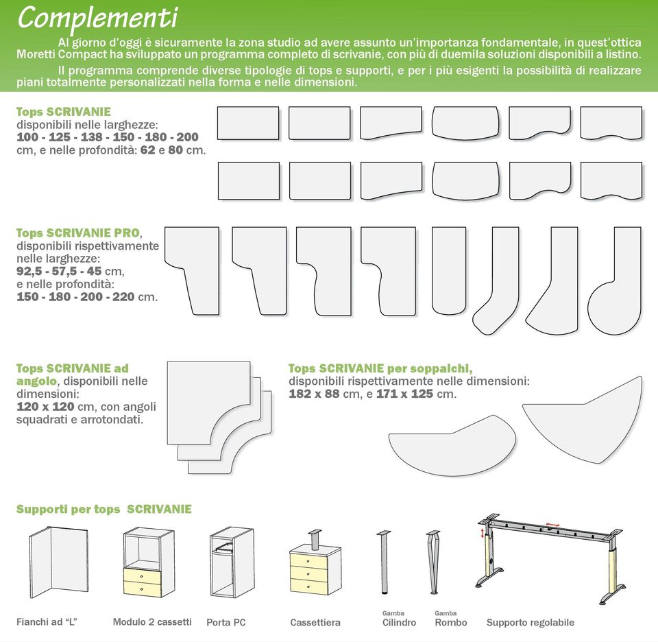 Il programma comprende diverse tipologie di tops e supporti, e per i più esigenti la possibilità di realizzare piani totalmente personalizzati nella forma e nelle dimensioni.