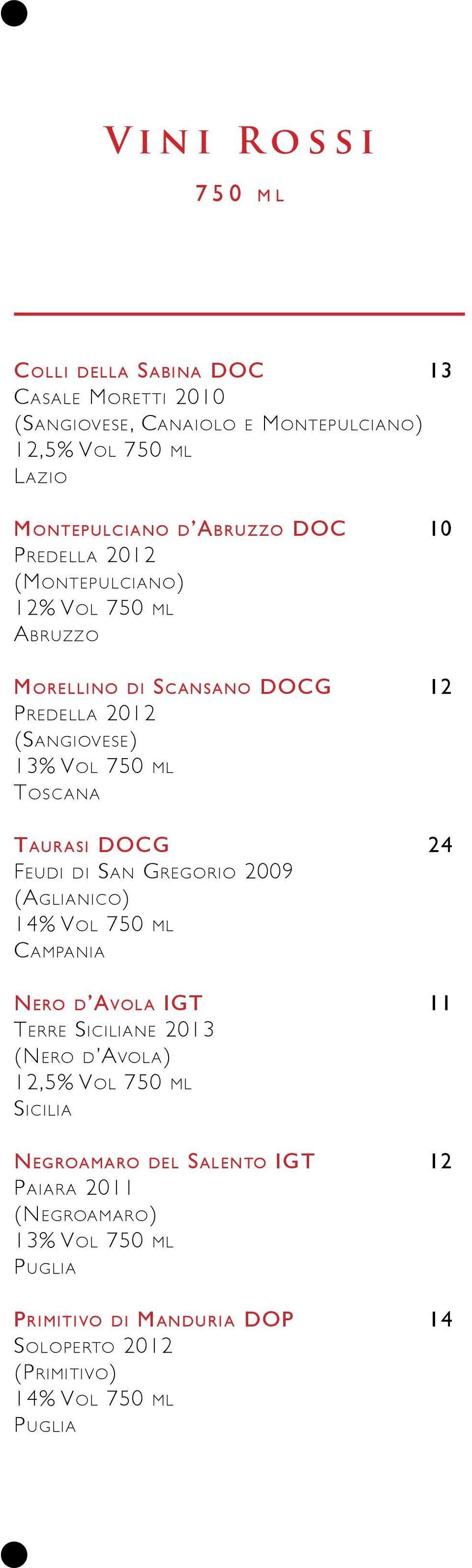 DOCG 24 Feudi di San Gregorio 2009 (Aglianico) 14% Vol 750 ml Campania Nero d Avola IGT 11 Terre Siciliane 2013 (Nero d Avola) 12,5% Vol 750 ml Sicilia