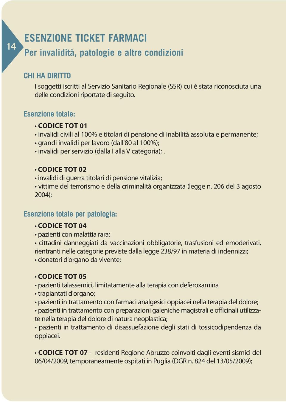 Esenzione totale: CODICE TOT 01 invalidi civili al 100% e titolari di pensione di inabilità assoluta e permanente; grandi invalidi per lavoro (dall'80 al 100%); invalidi per servizio (dalla I alla V