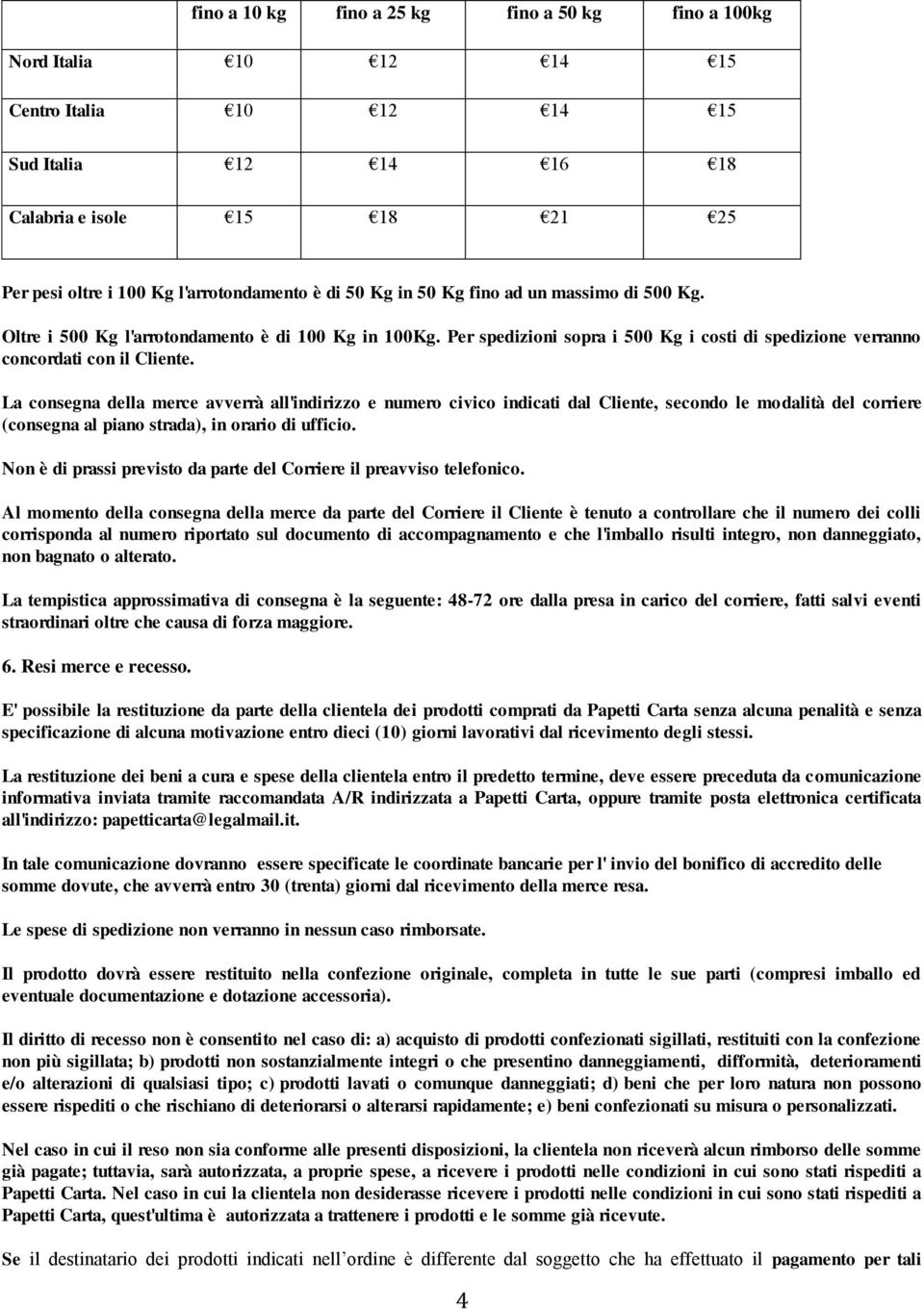 La consegna della merce avverrà all'indirizzo e numero civico indicati dal Cliente, secondo le modalità del corriere (consegna al piano strada), in orario di ufficio.