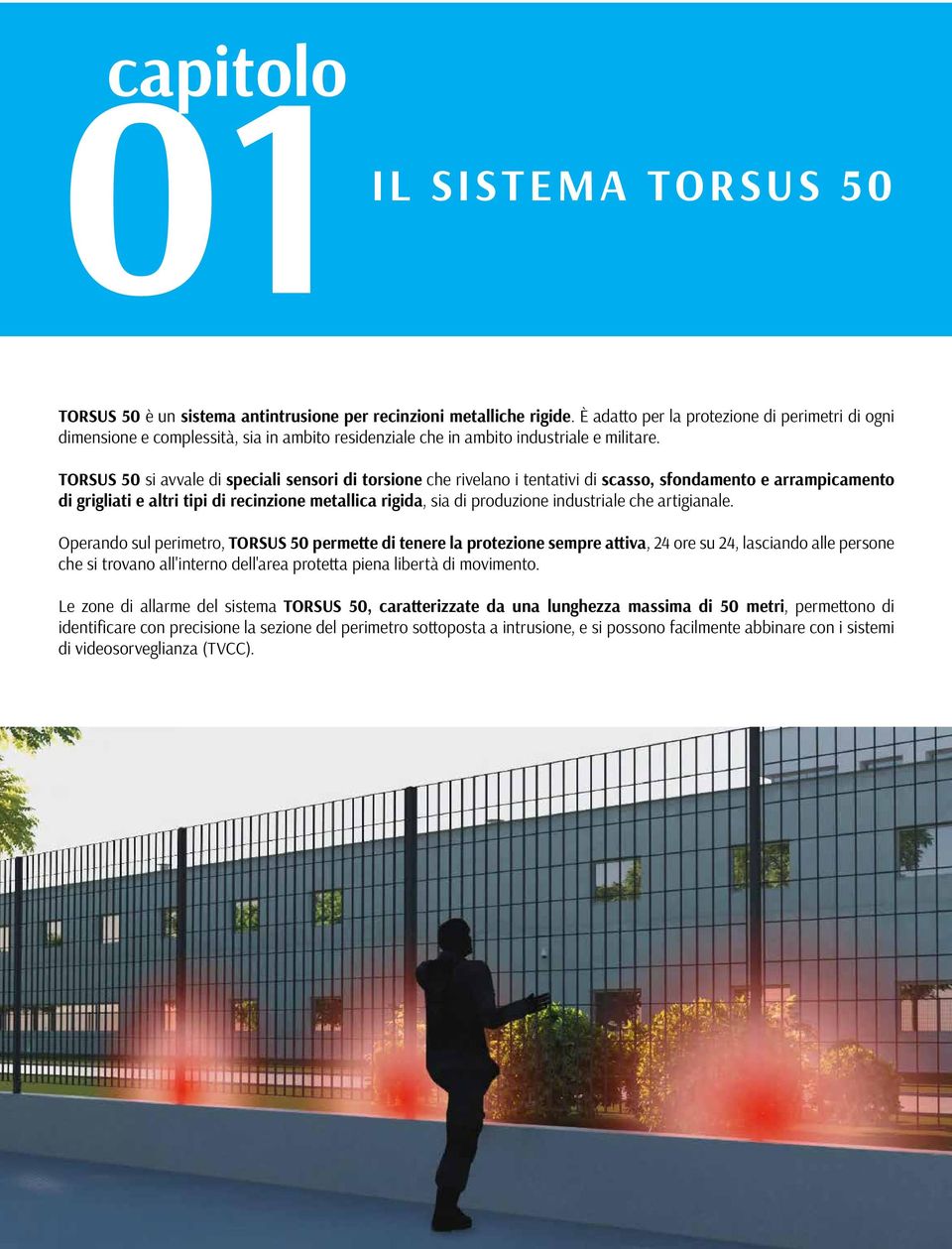 TORSUS 50 si avvale di speciali sensori di torsione che rivelano i tentativi di scasso, sfondamento e arrampicamento di grigliati e altri tipi di recinzione metallica rigida, sia di produzione