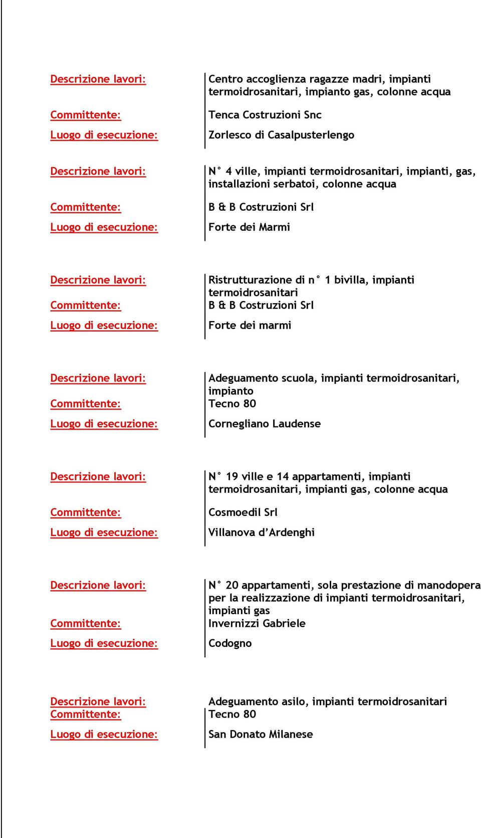 marmi Adeguamento scuola, impianti termoidrosanitari, impianto Tecno 80 Cornegliano Laudense N 19 ville e 14 appartamenti, impianti Villanova d Ardenghi N 20 appartamenti, sola