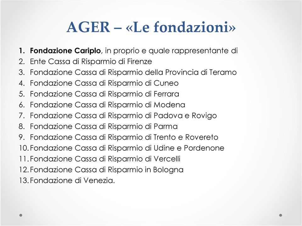 Fondazione Cassa di Risparmio di Modena 7. Fondazione Cassa di Risparmio di Padova e Rovigo 8. Fondazione Cassa di Risparmio di Parma 9.