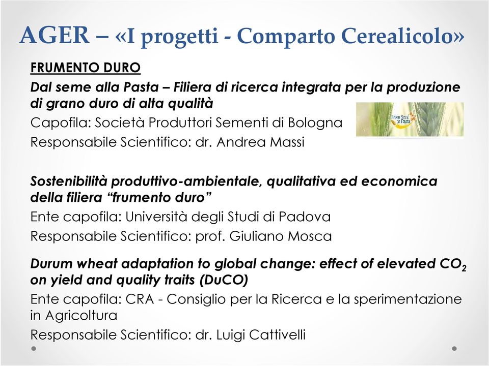 Andrea Massi Sostenibilità produttivo-ambientale, qualitativa ed economica della filiera frumento duro Ente capofila: Università degli Studi di Padova Responsabile