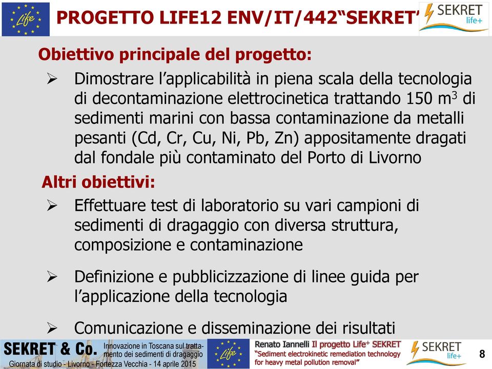 Porto di Livorno Altri obiettivi: Effettuare test di laboratorio su vari campioni di sedimenti di dragaggio con diversa struttura, composizione e contaminazione