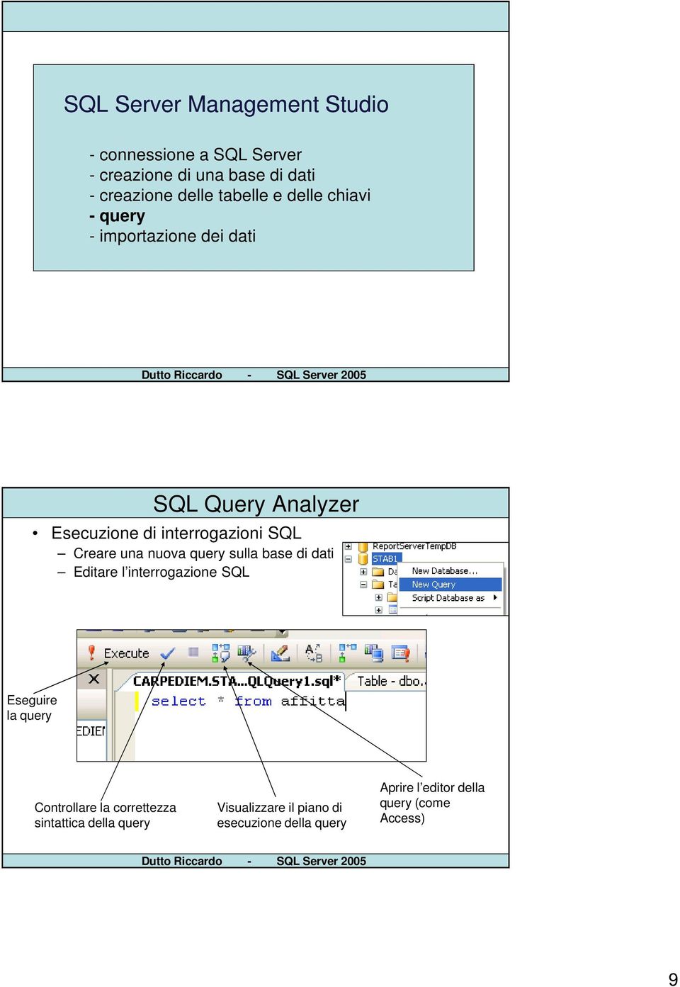 Creare una nuova query sulla base di dati Editare l interrogazione SQL Eseguire la query Controllare la