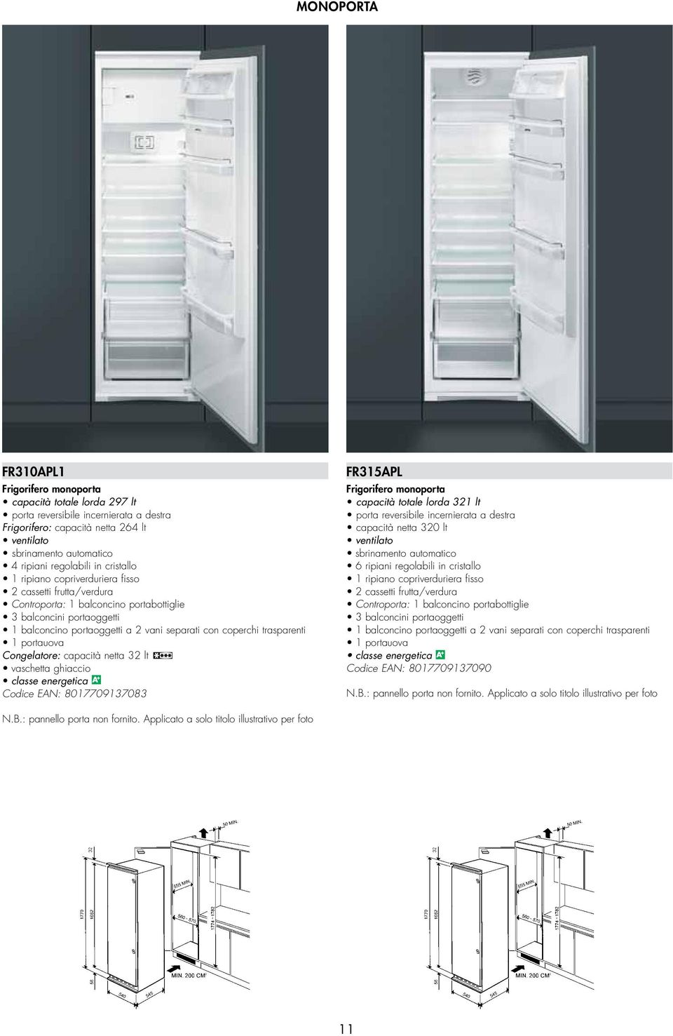 32 lt Codice EAN: 8017709137083 FR315apl Frigorifero monoporta capacità totale lorda 321 lt capacità netta 320 lt ventilato 6 ripiani regolabili in