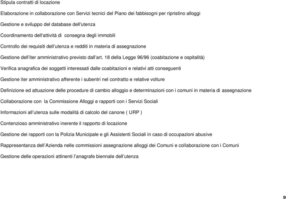 18 della Legge 96/96 (coabitazione e ospitalità) Verifica anagrafica dei soggetti interessati dalle coabitazioni e relativi atti conseguenti Gestione iter amministrativo afferente i subentri nel