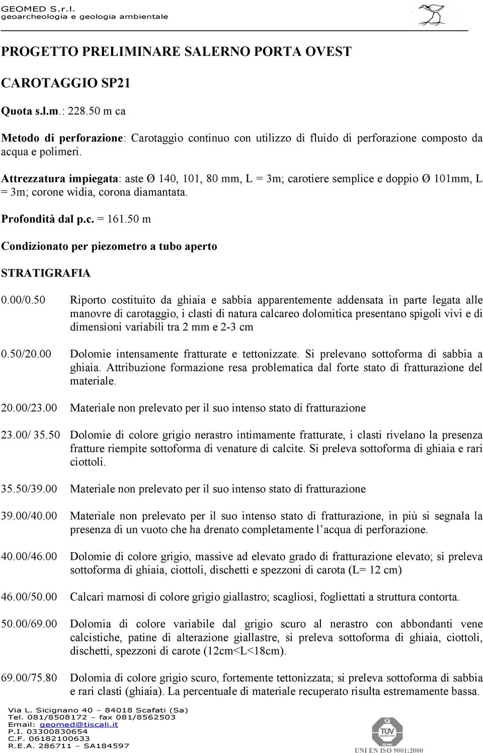 50 m Condizionato per piezometro a tubo aperto STRATIGRAFIA 0.00/0.